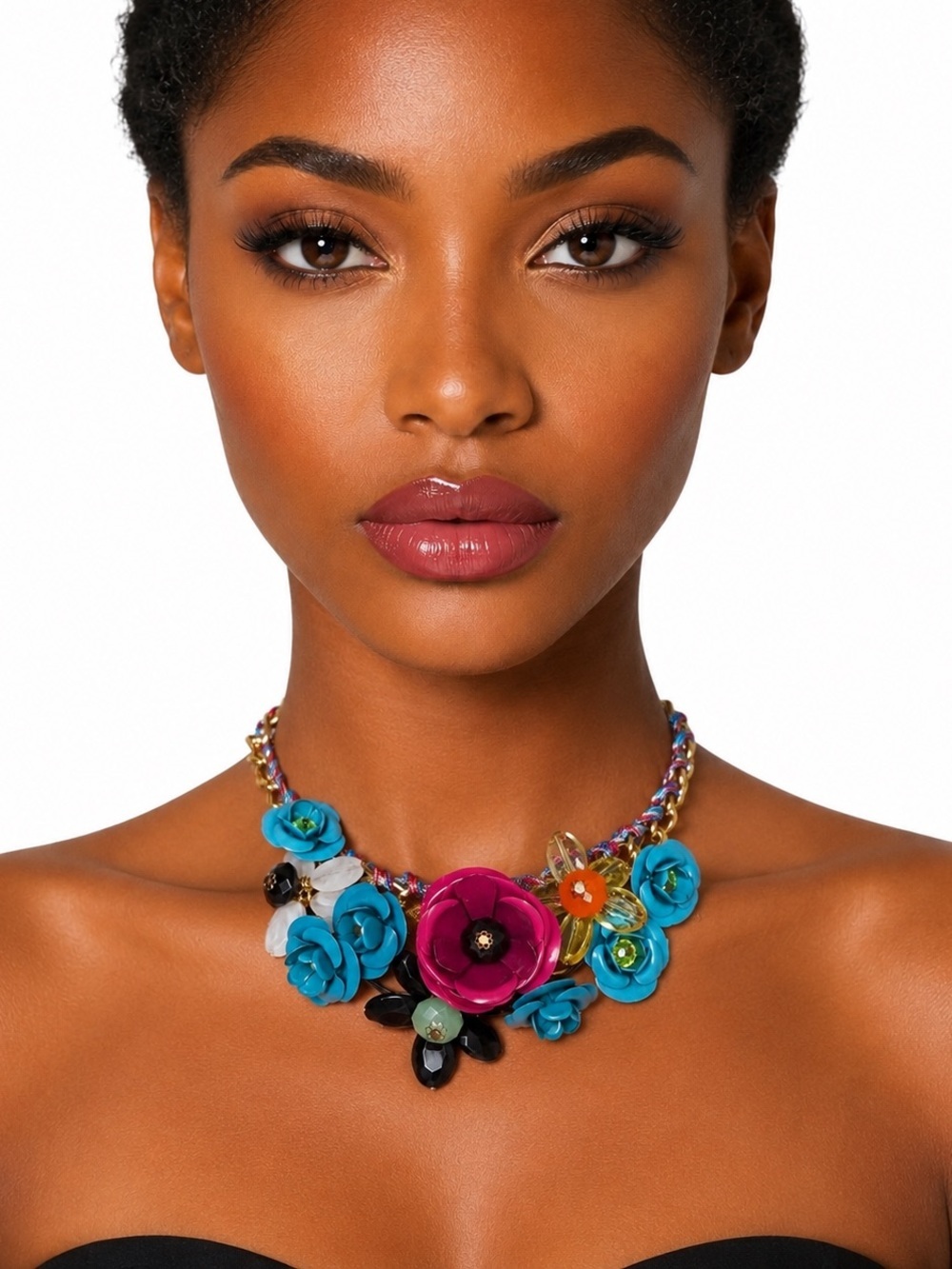 Colorful Floral Statement Necklace | Blue & Fuchsia Flowers | Chunky Gold Chain